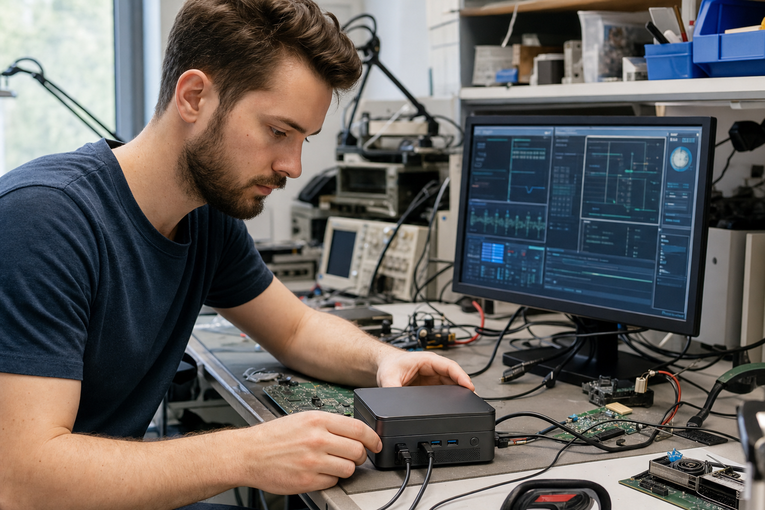Tecnico che testa un prototipo mini-PC collegato a un monitor