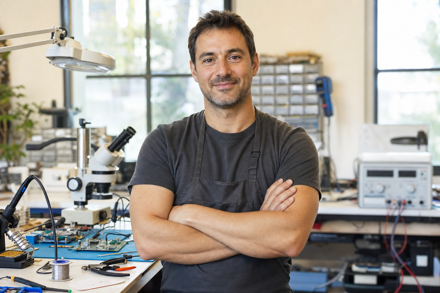 Riccardo Vitale, fondatore di Microchip, al banco di lavoro