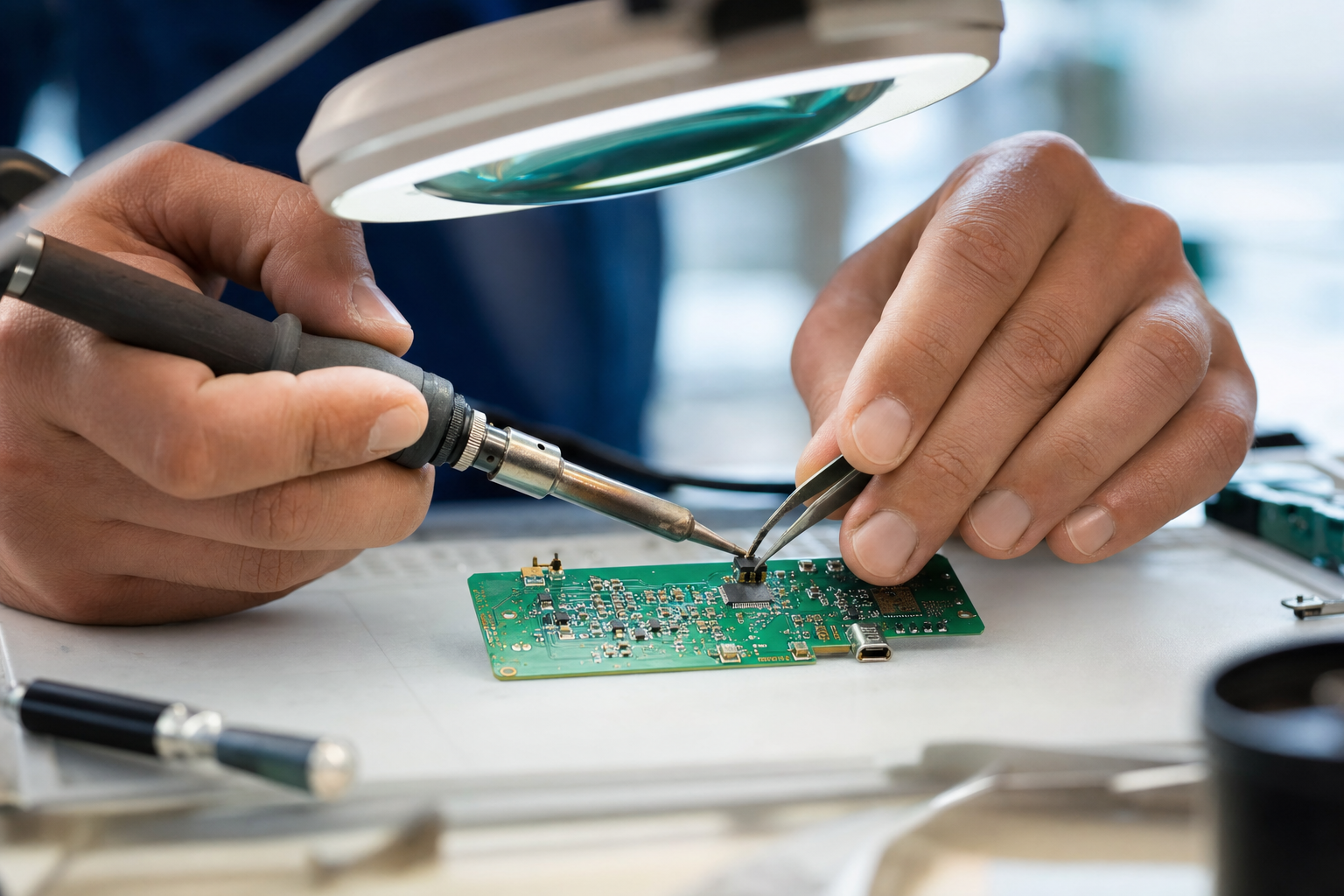 Tecnico che salda una scheda embedded al microscopio